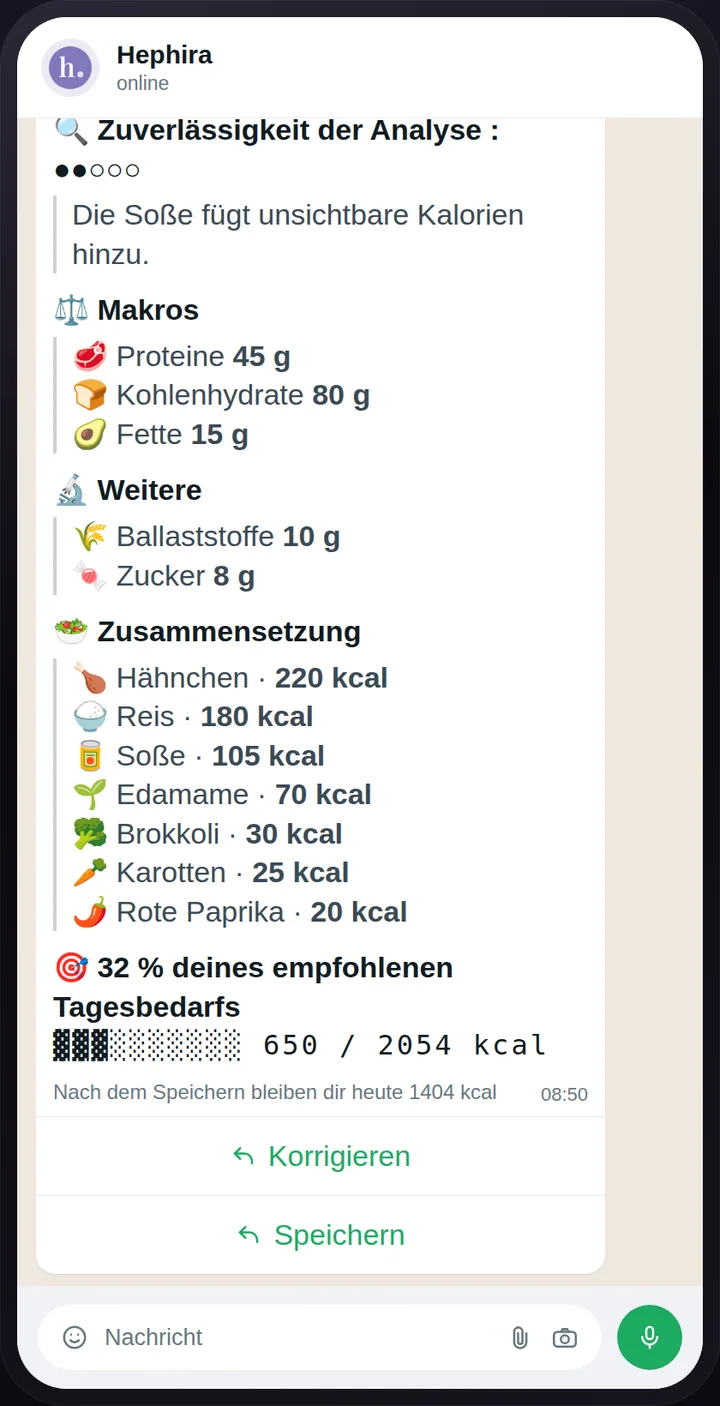 Ein WhatsApp-Chat: das Foto eines Mittagessens wird gesendet, und die Nährwertanalyse kommt in wenigen Sekunden zurück.