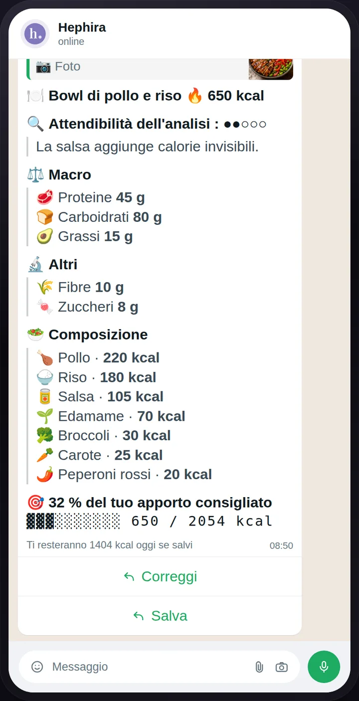 Una conversazione WhatsApp: la foto di un pranzo inviata, e l'analisi nutrizionale ricevuta in pochi secondi.