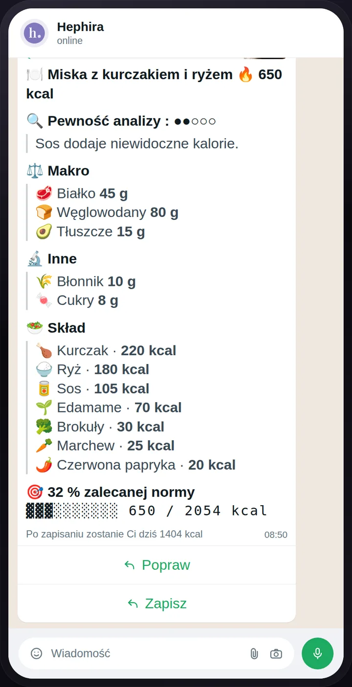 Rozmowa na WhatsAppie: wysłane zdjęcie obiadu i analiza wartości odżywczych otrzymana w kilka sekund.