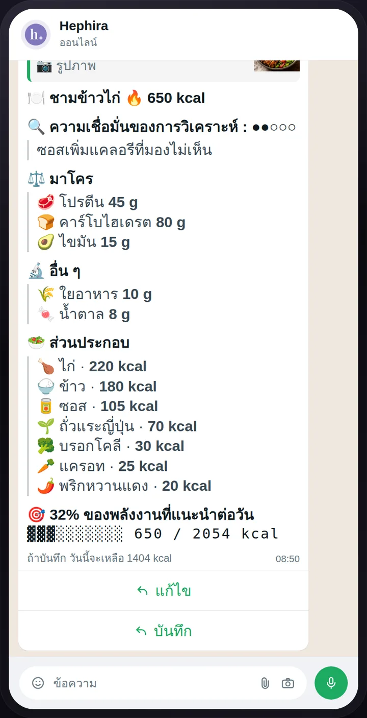 แชท WhatsApp: รูปมื้อกลางวันที่ส่งไป และผลวิเคราะห์โภชนาการที่ได้รับภายในไม่กี่วินาที