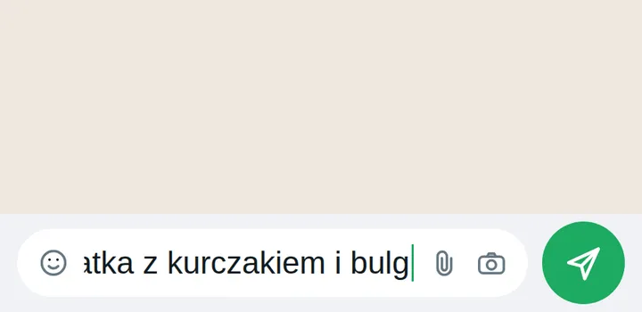 Wpisywanie opisu posiłku i wysyłka w rozmowie na WhatsAppie.